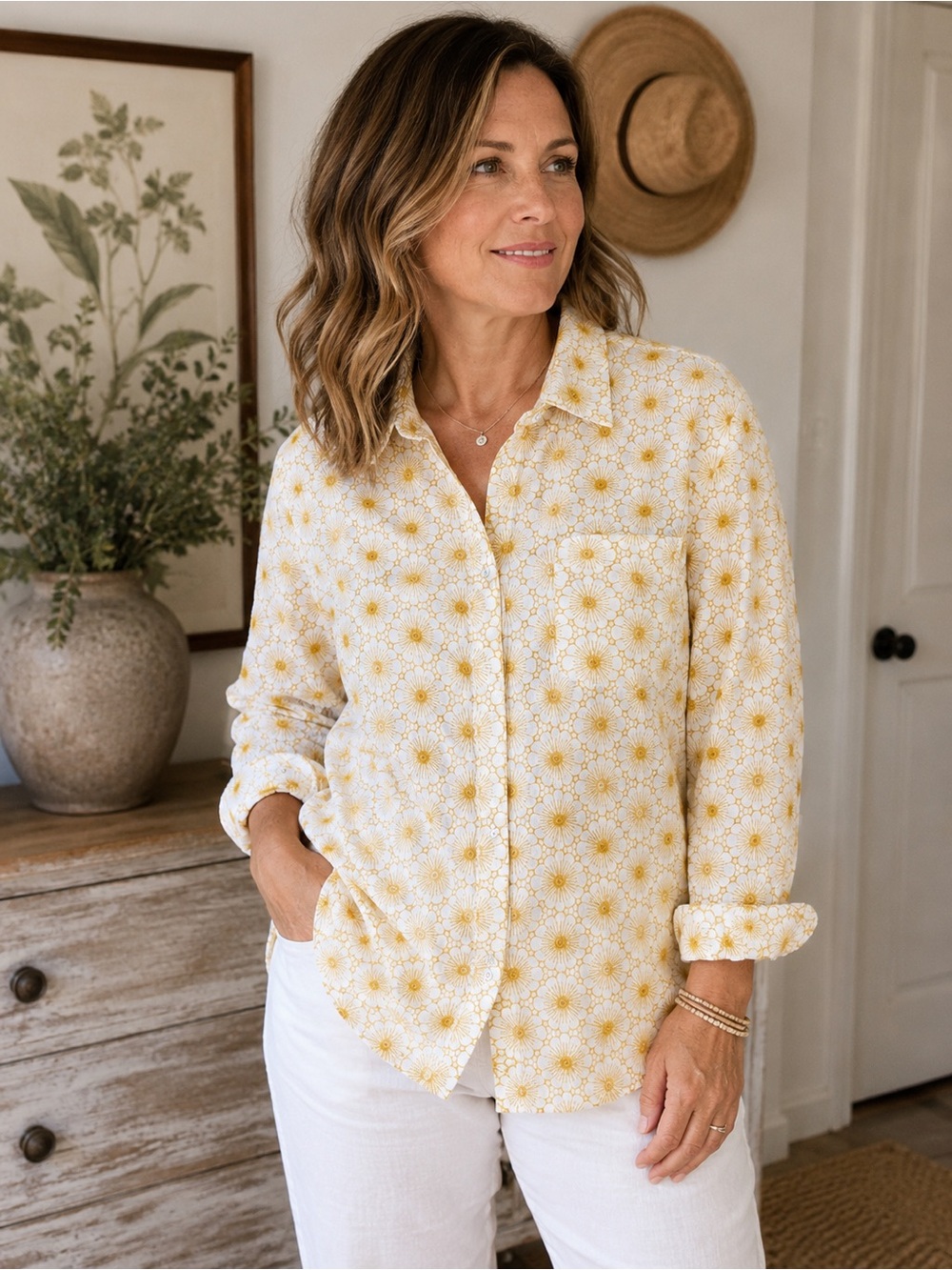 J. Jill Daisy-Print Button-Down Shirt in White and Yellow